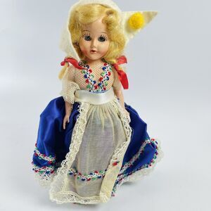 Vintage Blonde Dutch Girl Folk Art Doll in Blue Dress with Lace Apron Blink Eyes